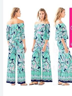 Lilly Pulitzer WESLEE SET High Tide Navy Dancing Lady Top With Palazzo Pants  XL